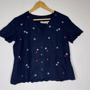 White Stage Blue Navy Flower Embroidered Linen Blend Short Sleeve Top Size Small